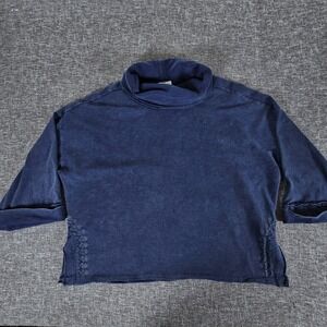 Sundance Blue Distressed Mock Neck Cropped Pullover Top Size M Peasant